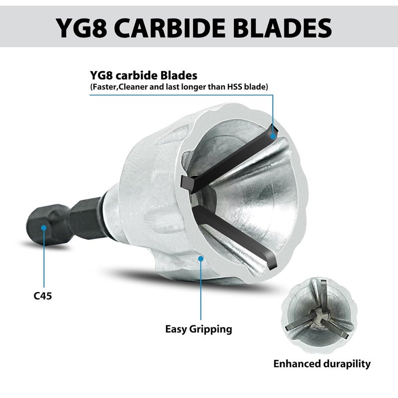 GMTOOLS Deburring External Chamfer Tool with YG8 Carbide Blade, Deburring Drill Bit Set, Remove Burr Tools with Quick Release Shank, Repair Tools for Damaged Bolts Fits for 1/8"- 3/4" (3mm-19mm) - Image 2